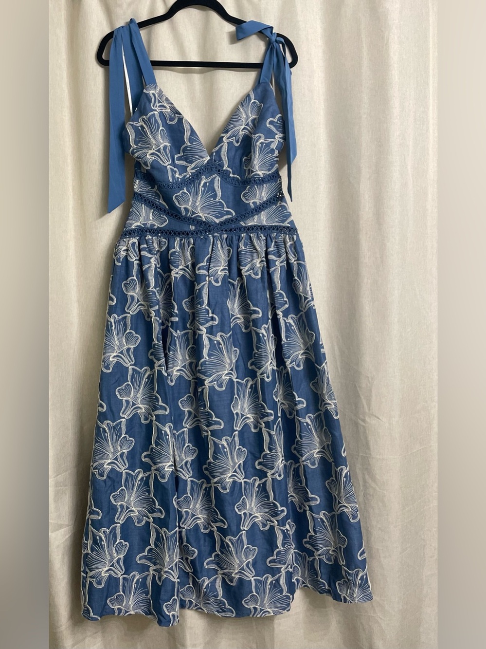 Just Me Blue Midi Dress with White Floral Embroidery